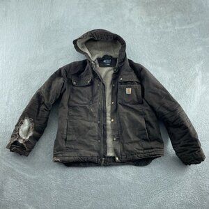 Carhartt Brown Cotton Hooded Work Jacket M  Fit Sherpa Lined Heavy Duty C233